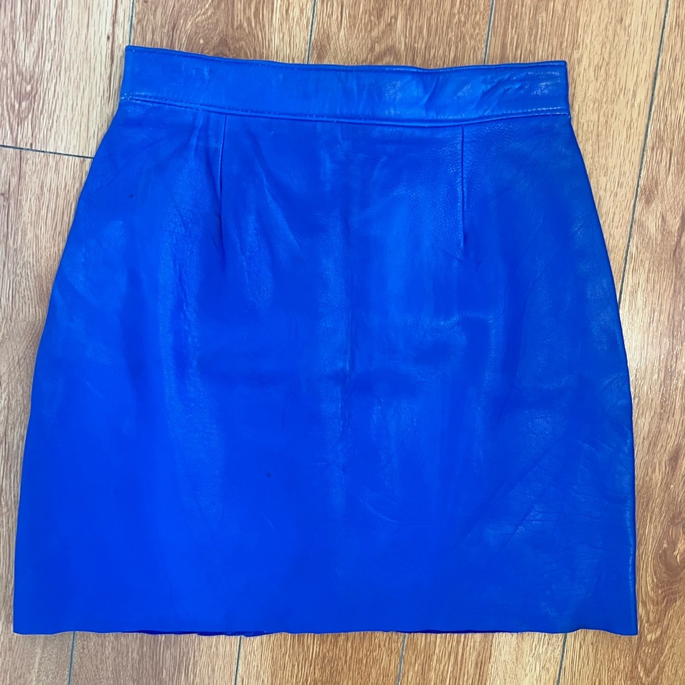 80s Blue High Waist Leather Mini Skirt Pencil
